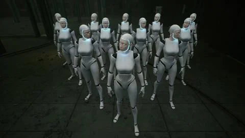 3d rendering of robotics army, industrial group of cyborg machines on factory Stock Illustration