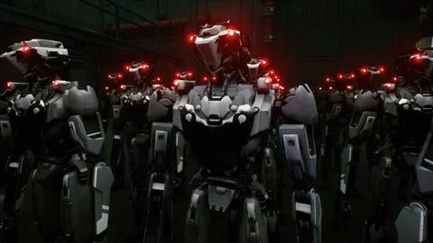 3d rendering of robotics army, industrial group of cyborg machines on factory 스톡 일러스트