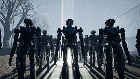 3d rendering of robotics army, industrial group of cyborg machines on factory 스톡 일러스트