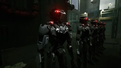 3d rendering of robotics army, industrial group of cyborg machines on factory Stock Illustration