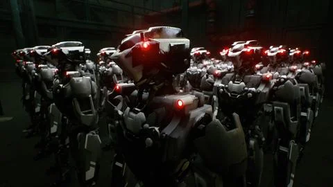 3d rendering of robotics army, industrial group of cyborg machines on factory Stock Illustration