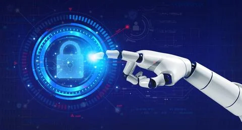 3d rendering robot's hand pointing on virtual reality hologram of protectio.. 스톡 사진