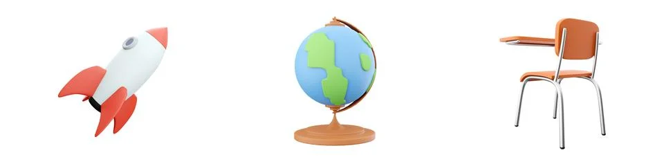 3d rendering rocket, globe, desk icon set on white background. 3d rendering Stock Illustration
