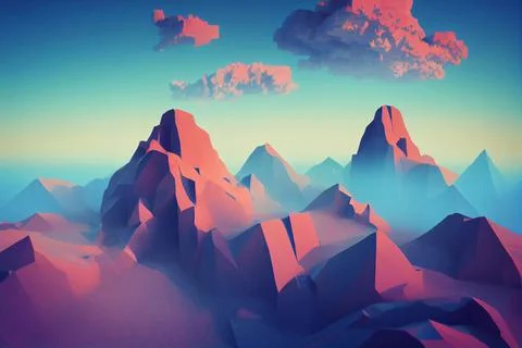 3D rendering of rocky mountain range under blue sky with clouds Stock Illustration