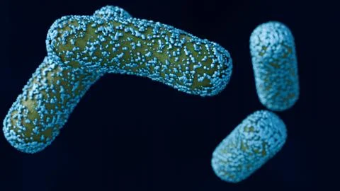 A 3d rendering of rod-shaped bacteria encrusted with surface mineral deposits. Stock-Illustration
