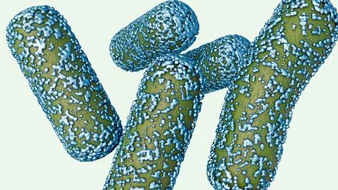 A 3d rendering of rod-shaped bacteria encrusted with surface mineral deposits. Stock-Illustration
