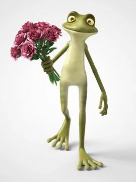 3D rendering of romantic cartoon frog holding a bouquet of roses. Stock Illustration