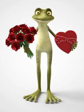 3D rendering of romantic cartoon frog holding a bouquet of roses and a choc.. Stock Illustration
