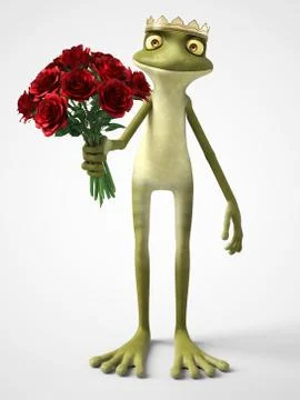 3D rendering of romantic cartoon frog prince holding a bouquet of red roses. Illustrazione stock