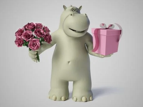 3D rendering of romantic cartoon hippo. Stock Illustration