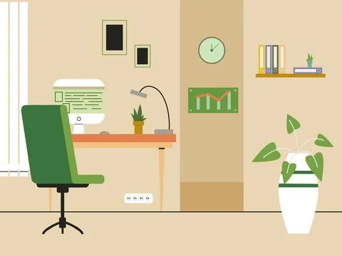 3d rendering of a room with beautiful interior, computer on the table, plants Stock Illustration