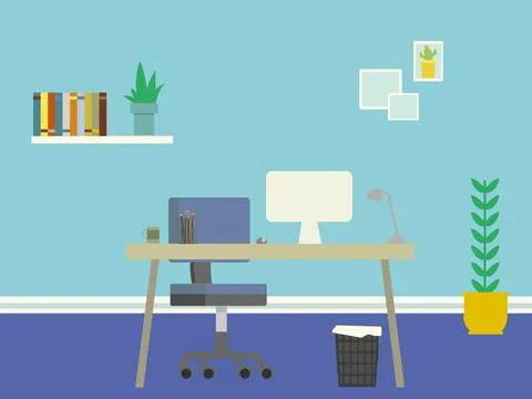3d rendering of a room with beautiful interior, computer on the table, plants Stock Illustration