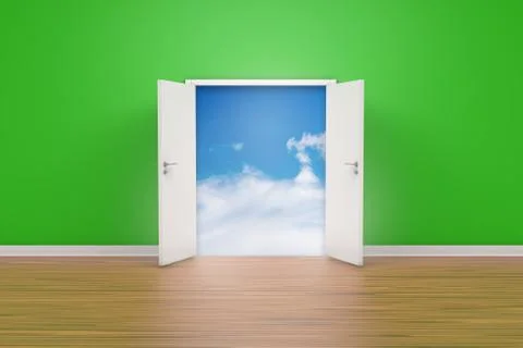 3D Rendering Room Concept Door on Green Wall Indoor to Cloudy Sky Stock Photos