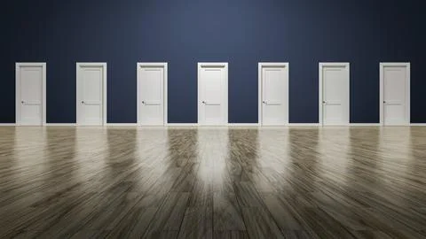 3d rendering of a room with seven doors to choose Stock Illustration