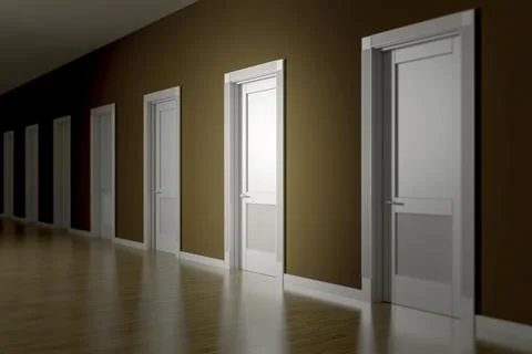 3d rendering of a room with seven doors to choose Stock Illustration