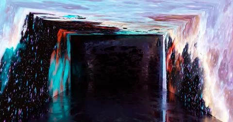 3d rendering. A room with the texture of clouds and nebulae in open space. Ne Stock Illustration