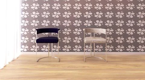 3d rendering of a room with wallpaper and two chairs Illustrazione stock