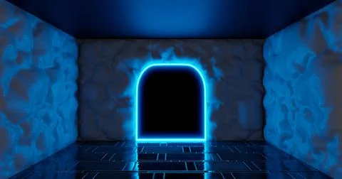 3d rendering. A room with walls made of swollen or puffy fabric in blue neon Stock Illustration