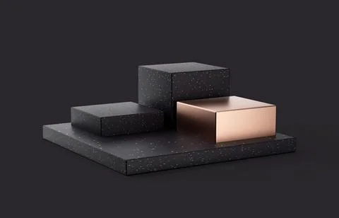 3D rendering of a rose-gold cube with 3 spotted black cubes isolated on a dark g Stock Illustration