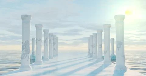 3d rendering. Round and avenue of marble stone and old dilapidated columns, i Stock Illustration