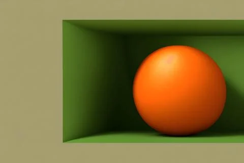 3d rendering of a round and vivid orange in a green rectangular opening in the w イラスト素材