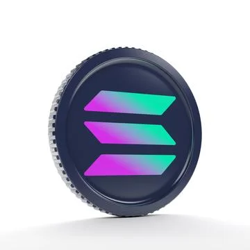 3d rendering of a round coin with the logo of the cryptocurrency Solana. Stock Illustration