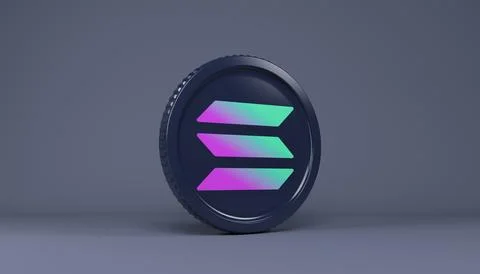 3d rendering of a round coin with the logo of the cryptocurrency Solana (SOL). Ilustración de archivo