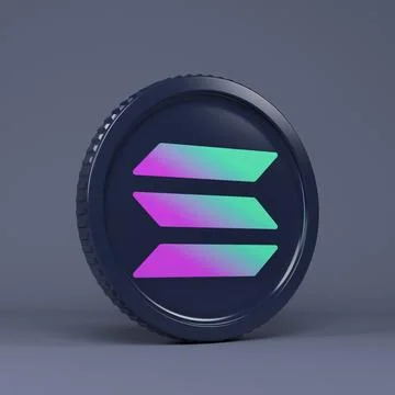 3d rendering of a round coin with the logo of the cryptocurrency Solana. Stock Illustration