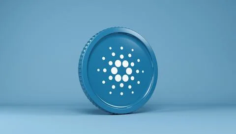 3d rendering of a round coin with the logo of the cryptocurrency Cardano. Stock Illustration