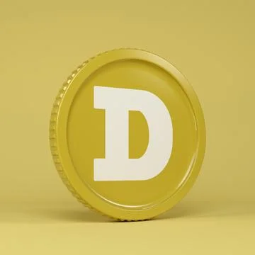 3d rendering of a round coin with the logo of the cryptocurrency Doge (DOGE). Stock Illustration