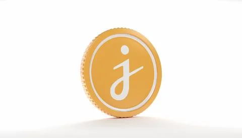 3d rendering of a round coin with the logo of the cryptocurrency Jasmy. Stock Illustration