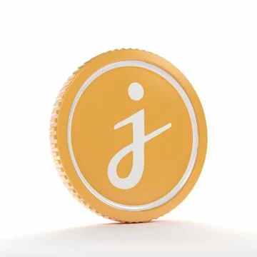 3d rendering of a round coin with the logo of the cryptocurrency Jasmy. Stock Illustration