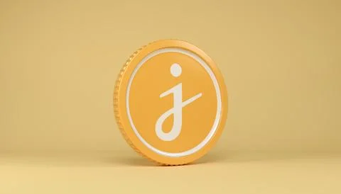 3d rendering of a round coin with the logo of the cryptocurrency Jasmy. Stock Illustration