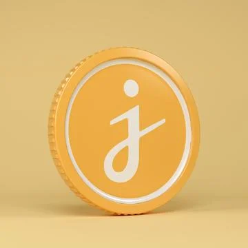 3d rendering of a round coin with the logo of the cryptocurrency Jasmy. Stock Illustration