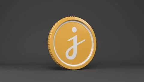 3d rendering of a round coin with the logo of the cryptocurrency Jasmy. Stock Illustration