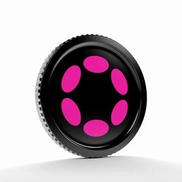 3d rendering of a round coin with the logo of the cryptocurrency Polkadot. Stock Illustration