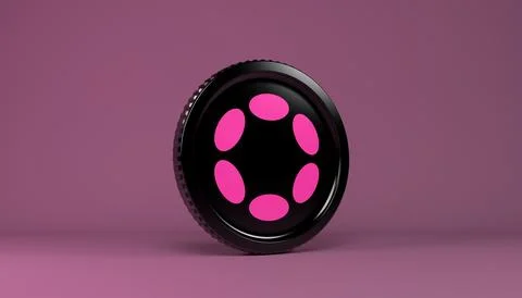 3d rendering of a round coin with the logo of the cryptocurrency Polkadot. Stock Illustration