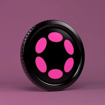 3d rendering of a round coin with the logo of the cryptocurrency Polkadot. Stock Illustration