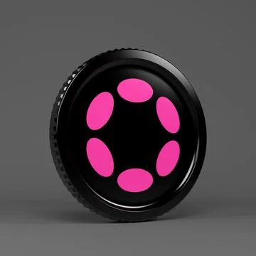 3d rendering of a round coin with the logo of the cryptocurrency Polkadot. Stock Illustration