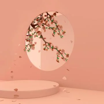 3d rendering Round display podium mockup, paper cut spring flowers and leaves Stockillustratie