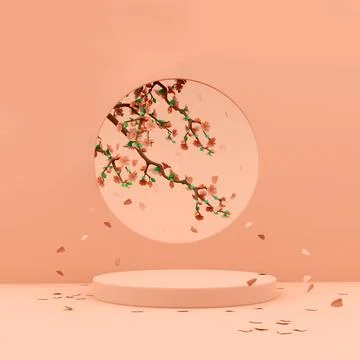 3d rendering Round display podium mockup, paper cut spring flowers and leaves Stock Illustration