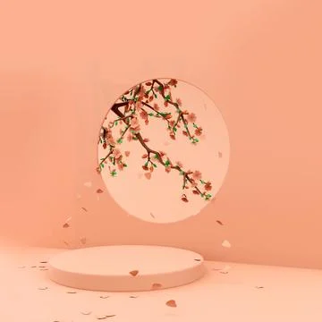 3d rendering Round display podium mockup, paper cut spring flowers and leaves Stock Illustration