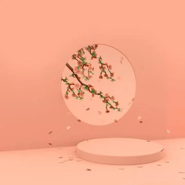 3d rendering Round display podium mockup, paper cut spring flowers and leaves Stock-Illustration