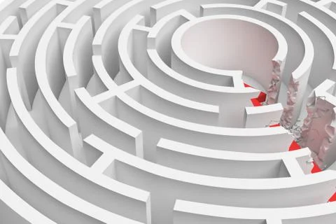 3d rendering of a round maze with a red arrow borrowing to the center in closeup Stock-Illustration