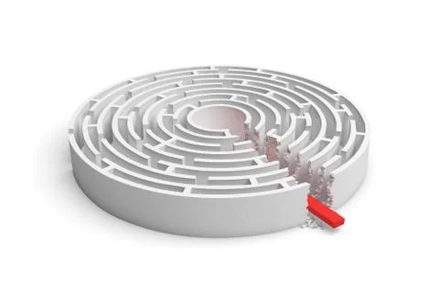 3d rendering of a round maze with a red arrow borrowing to the center isolated イラスト素材