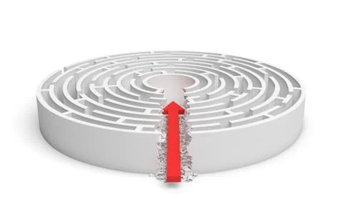 3d rendering of a round maze with a red arrow borrowing to the center isolated Stock Illustration