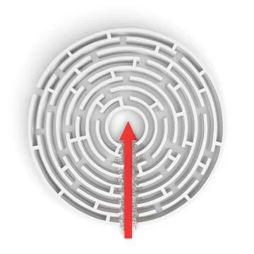 3d rendering of a round maze with a red arrow borrowing to the center isolated Stock Illustration