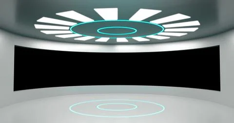 3d rendering. Round room With a large window, illuminated by neon panels. The Stock Illustration