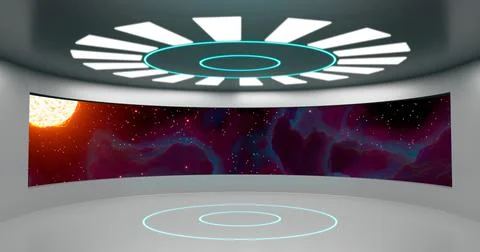 3d rendering. Round room With a large window overlooking a bright star in spa Stock Illustration