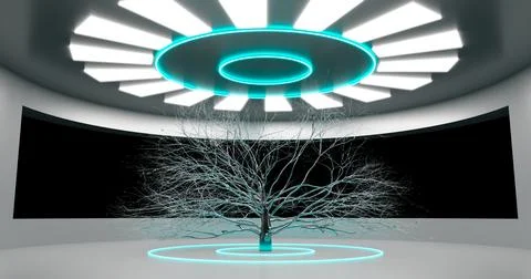 3d rendering. Round room With a large window and a decorative metal tree in t Stock Illustration